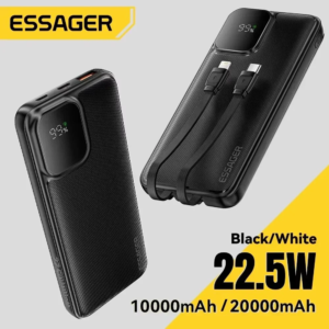 מחיר מטורף החל מ46 שקל  מטען נייד מהיר 225W מבית Essager עם כבל לאייפון וType C מחוברים למטען צג תצוגה דיגטלי קיבולת סוללה של 1000020000mAh לבחירה