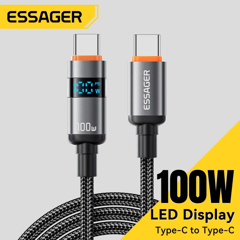 החל מ10 שקל  כבל טעינה Type C מהיר מבית Essager בהספק 100W עם צג LED דיגיטלי שמציג את עוצמת הטעינה בזמן אמת אורך הכבל 12 מטר  משלוח חינם בקנייה מעל 12