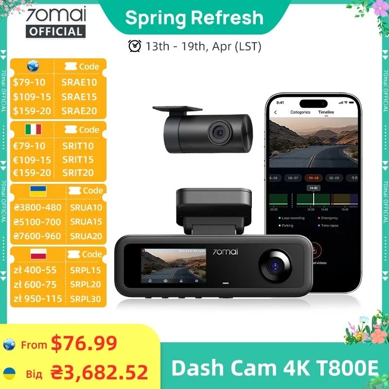 מחיר ריסוק רק 231 שקל מצלמת רכב מבית 70mai דגם T800E עם צילום 4K HDR שלוש עדשות קדמיתפניםאחורית WiFi 5GHz GPS מובנה אפשרות למצב חניה חכם Supercapacitor לעמידות קיצונית