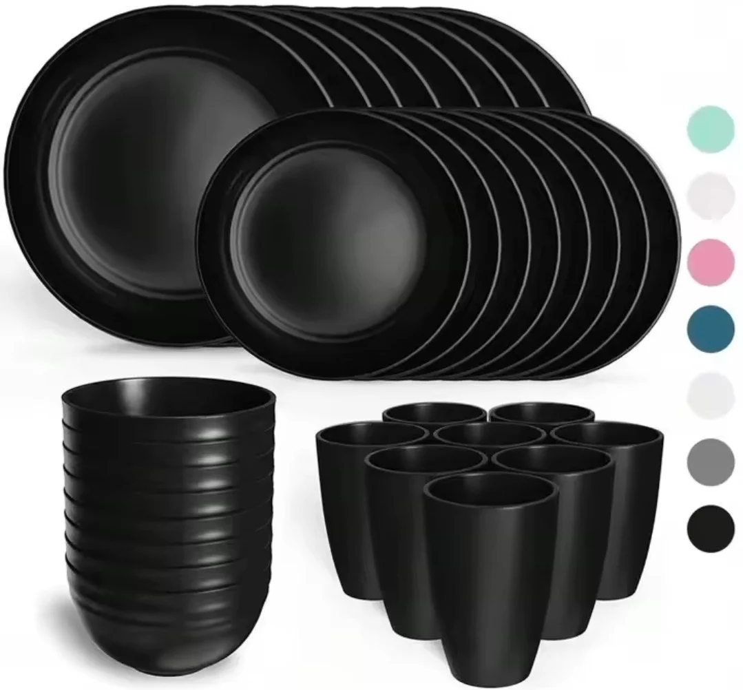 החל מ23 שקל סט כלי אוכל שחור 41632 חלקים מפלסטיק חזק כולל צלחת גדולה צלחת קינוח קערה וכוס קל משקל ונוח לאחסון משלוח חינם בקנייה מעל 12