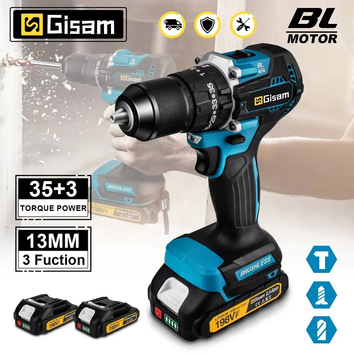 מקדחה חשמלית אלחוטית Gisam 65Nm מקצועית
