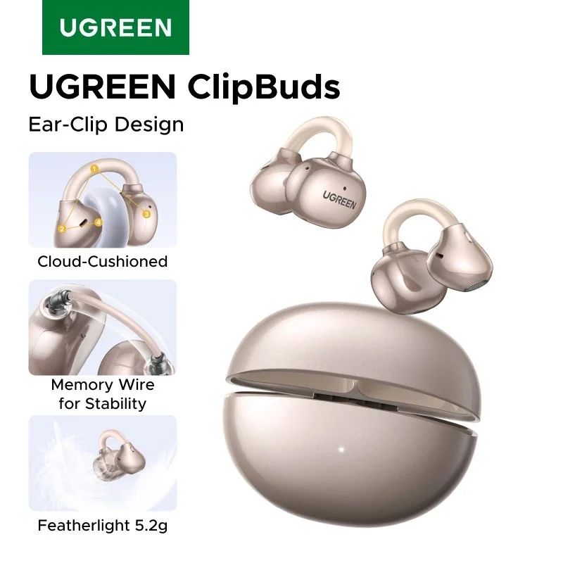 מחיר שיגעון רק 42 שקל אוזניות מבית UGREEN דגם ClipBuds בעיצוב פתוח שמולבש על האוזן נוחות לשימוש ממושך בלי להכניס סיליקון לאוזן כוללות Bluetooth 60 עמידות למים IPX5 ועד 30 שעות שימוש עם קופסת הטעינה