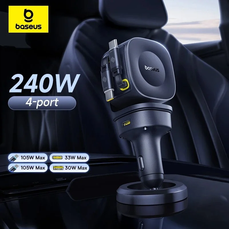 מחיר ריסוק בלעדי רק 70 שקל מטען לרכב 240W מבית Baseus עם 4 יציאות ו2 כבלים נשלפים טעינה סופר מהירה USB C ו USB A סיבוב דו־צירי 450 מתאים לאייפון סמסונג שיאומי טאבלטים ולפטופים