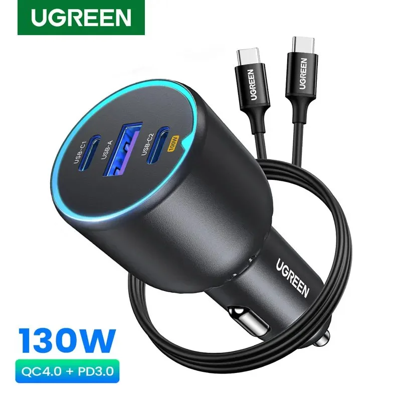 מחיר שווה רק 53 שקל המחיר כולל כבל טעינה 100W מטען מהיר לרכב 130W מבית Ugreen עם 2 חיבורי Type C וחיבור USB אחד מטעין מחשבים ניידים טאבלטים סמארטפונים ועוד